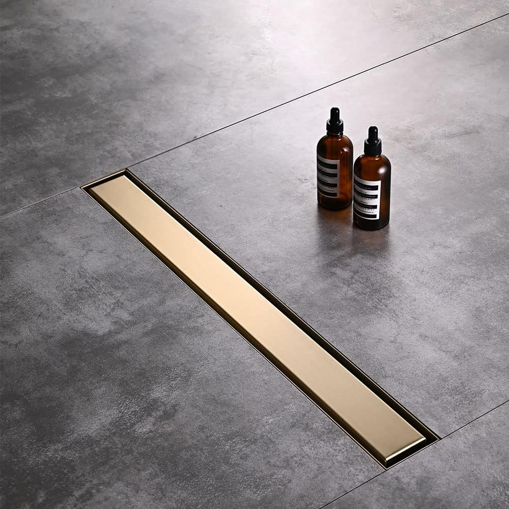 Linear Shower Floor Drain, Brushed Gold 30 Inch 304 Stainless Steel Bathroom Drains Kit, Rectangular Shower Trench Drain with Reversable Tile-in Pattern Drain Cover & Hair Catcher