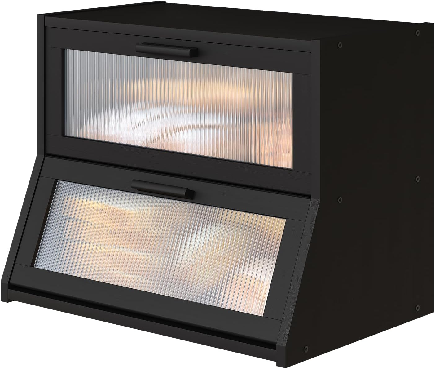 Black Large Bread Box for Kitchen Counter, Bamboo Wooden Double Layer Large Capacity Bread Storage Bin with Acrylic Wavy Door Panel (Black)