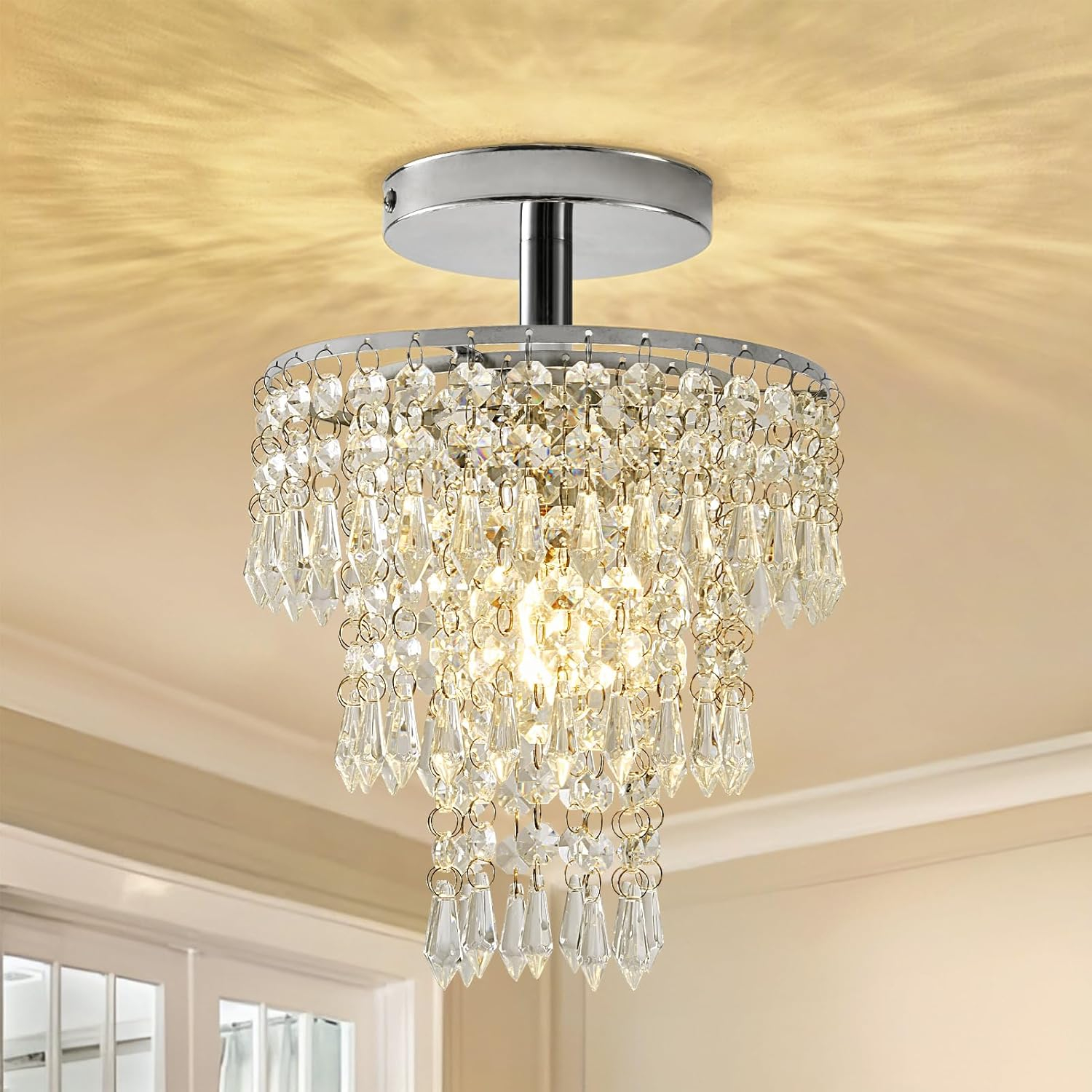 Modern Mini Crystal Chandelier, 3-Tier Raindrops Design Small Chandelier Light Fixture, Flush Mount Ceiling Light Fixture for Bedroom, Hallway, Living Room - E26 Base, Chandelier for Bedroom (Gold)