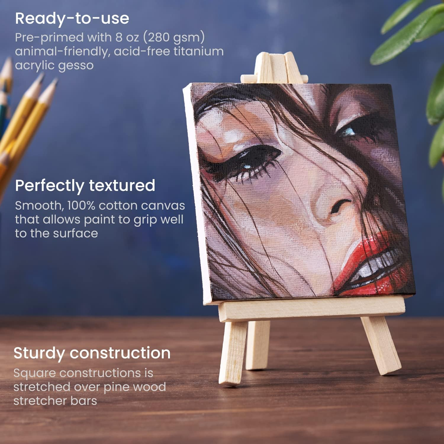 ARTEZA Mini Canvases for Painting with Easels, Pack of 14, 4 x 4 Inches, 100% Cotton, 8 ounces Primed Stretched Canvas Bulk, Pine Wood Easels