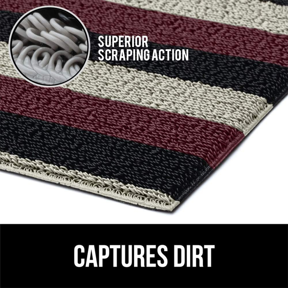 GORILLA GRIP Striped Doormat, Thick Bristle Door Mat Catches Dirt from Shoes, 24x16, Burgundy Black Cream