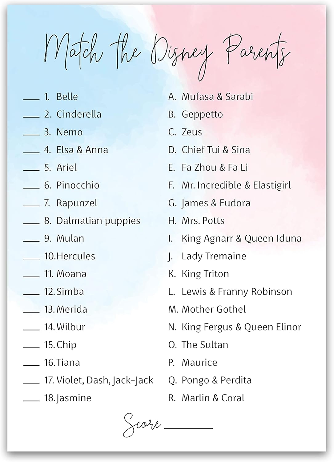 GENDER NEUTRAL Baby Shower Game — DISNEY PARENT MATCH Game — Pack of 25 — PURPLE Elephant Baby Shower Game, Match Famous Disney Parents Fun Shower Activity, Disney Star Kids Match Game, SKU G752-DPM