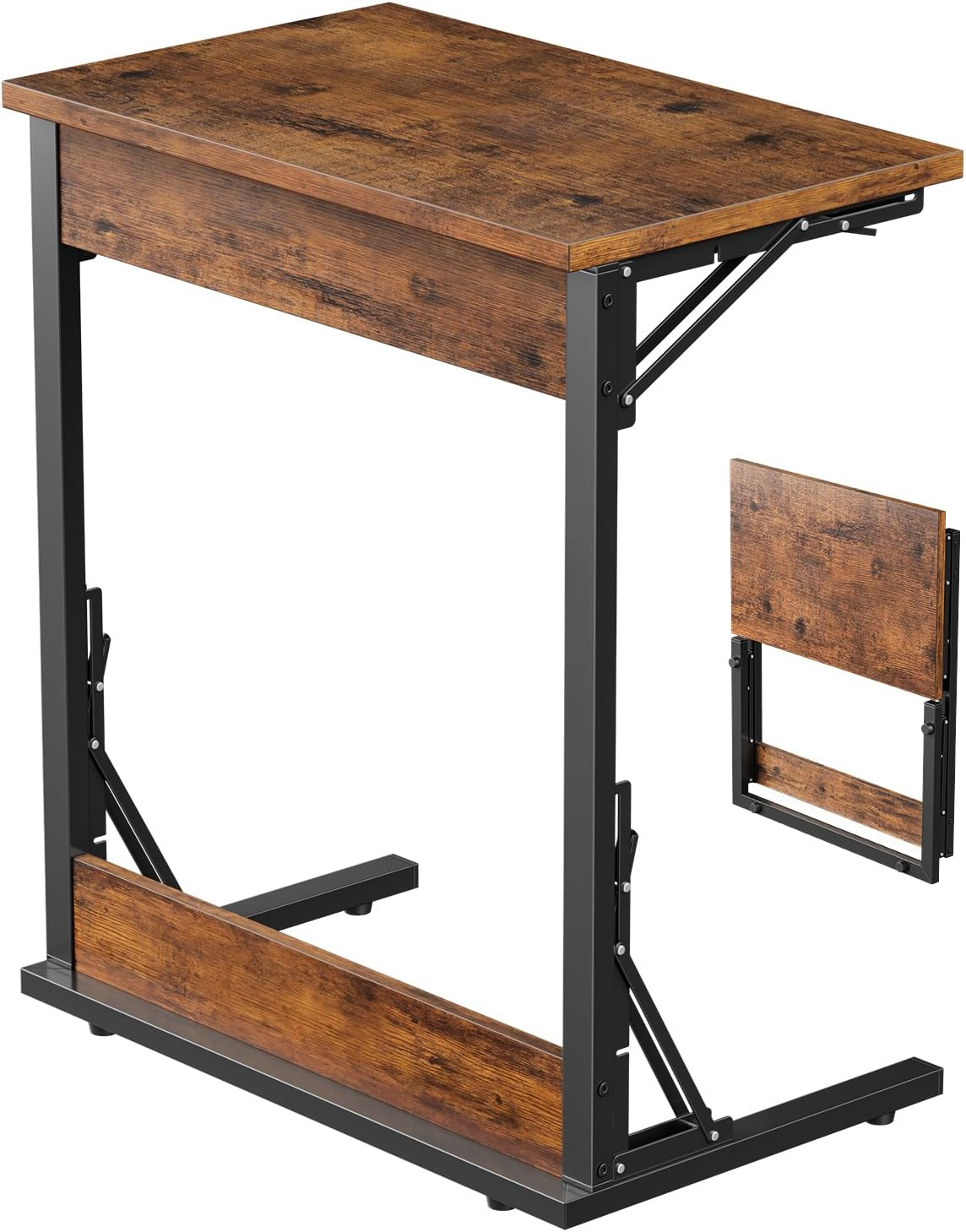 Folding TV Tray Table, 24" Wide C-Shaped End Table for Couches, Small Sofa-Side Laptop Desk with Metal Frame for Living Room, Bedroom, Rustic Brown