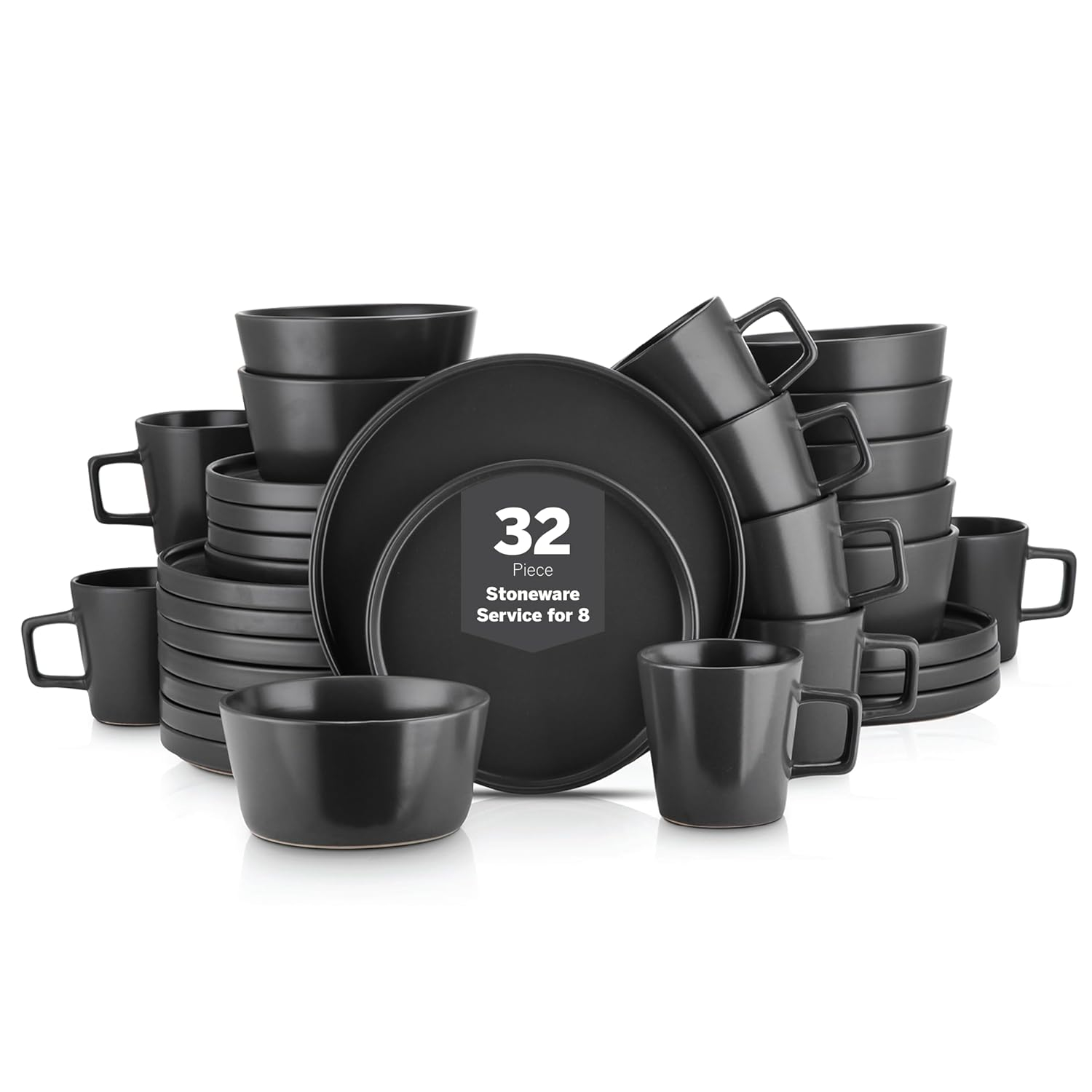 Stoneware Dinnerware Set 32-Pc Black Matte - Microwave & Dishwasher Safe for Daily Use & Entertaining | Durable, Chip-Resistant, Easy Clean Dishes