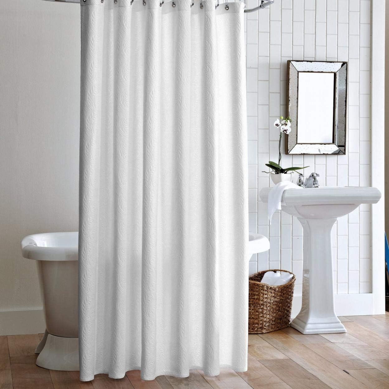 Vienna White Cotton Antique Design Shower Curtain with Silver Grommets