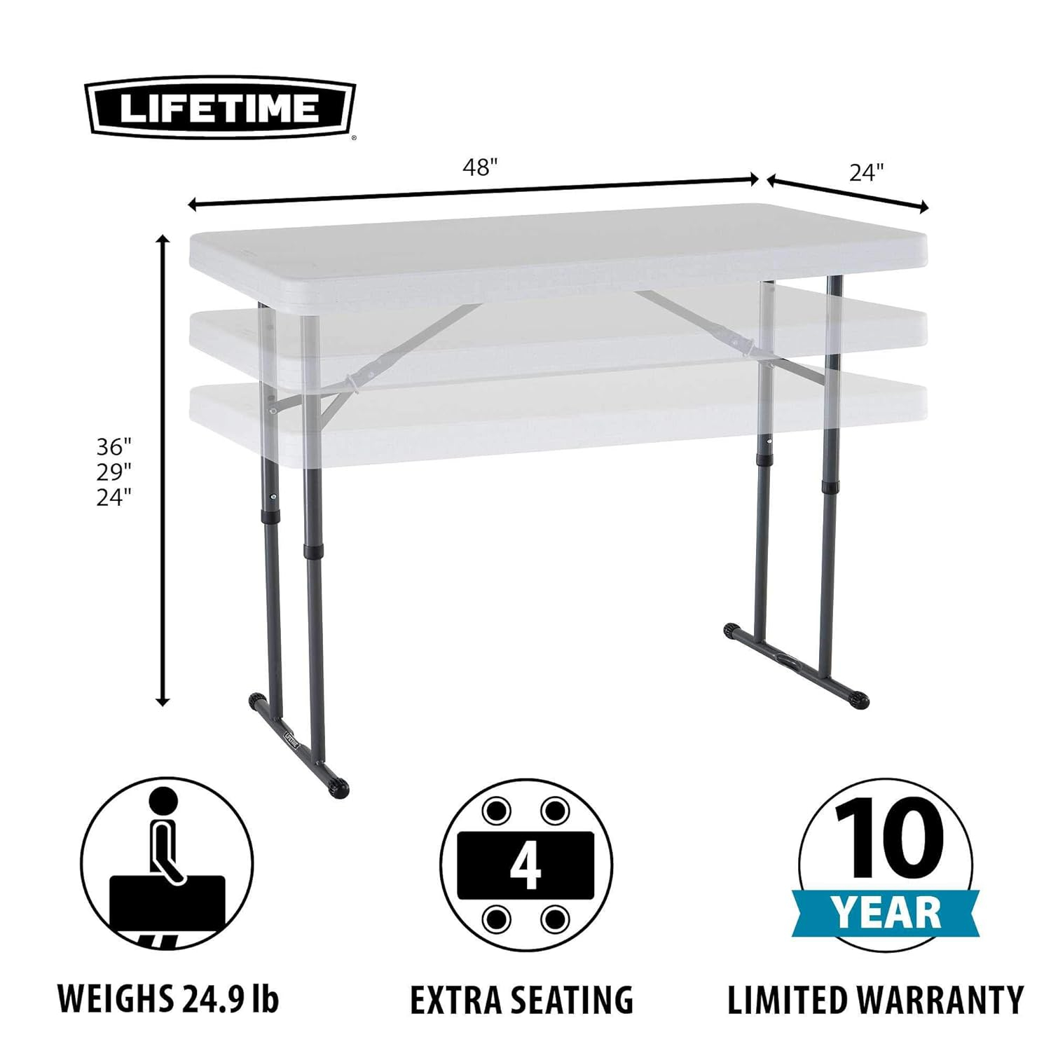 Lifetime Mesa Plegable Rectangular Ajustable de 4 Pies, Grado Comercial Interior/exterior, Granito Blanco (80160)