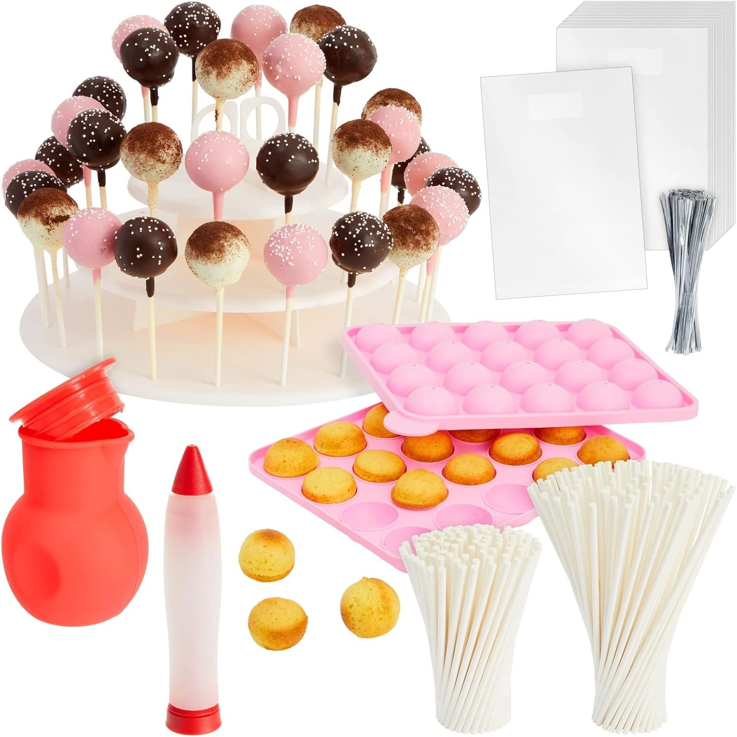 Pink Silicone Cake Pop Maker Kit with White Dessert Stand
