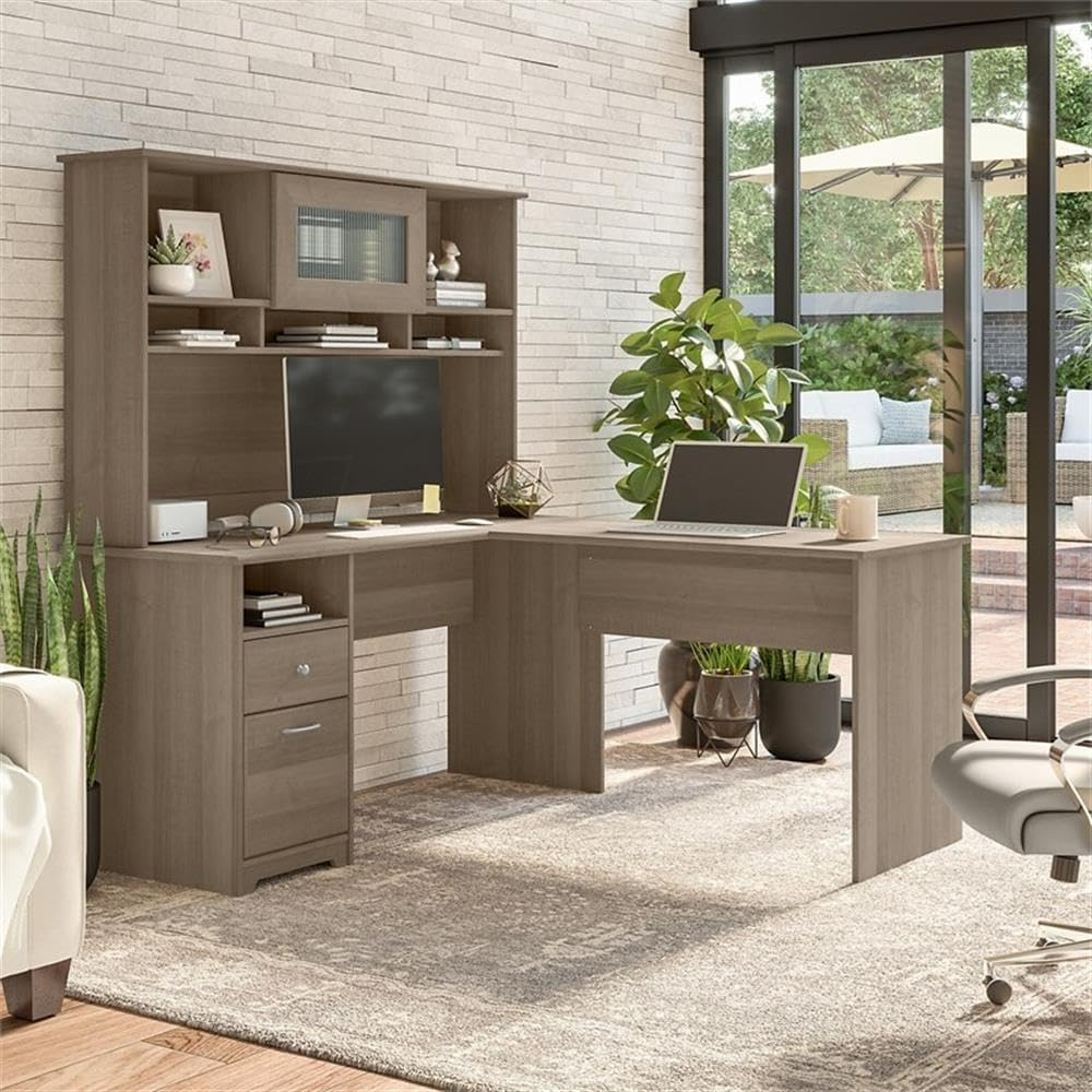Cabot 60W L Shaped Computer Desk with Hutch in Ash Gray - Engineered Wood