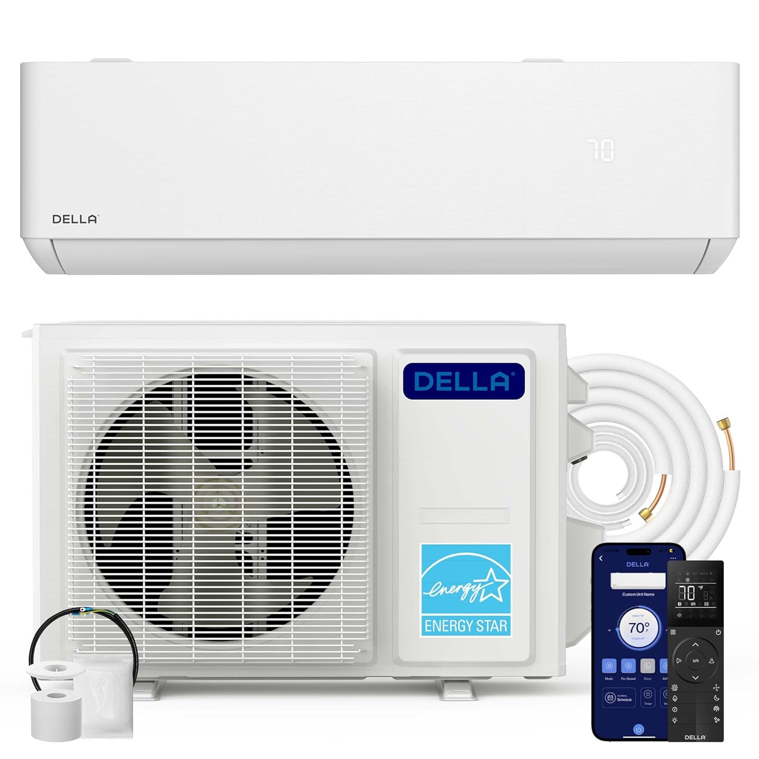 DELLA Optima Series 9000 BTU Wifi Mini Split, Work w/ Alexa,Energy Star 208/230V 23.5 SEER2 Cools Up to 400 Sq.Ft Inverter Air Conditioner w/0.75 Ton Pre-Charged Heat Pump & 16.4ft Installation Kits
