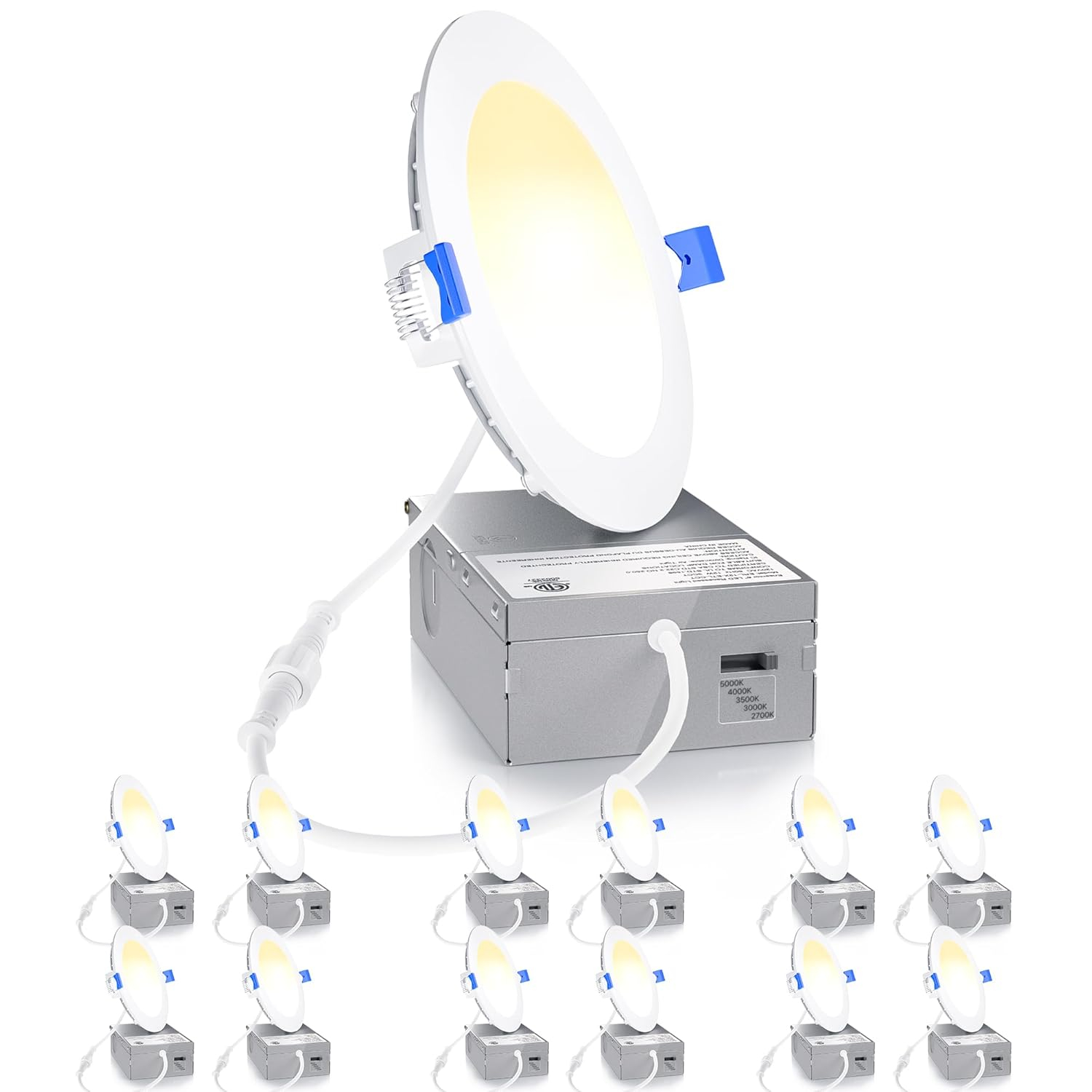 Ensenior 12 Pack 4 Inch Ultra-Thin LED Recessed Ceiling Light with Junction Box, 3000K/4000K/5000K Selectable, 9W 75W Eqv, Dimmable, 750LM High Brightness - ETL and Energy Star Certified 4 Inch 5000k/4000k/3000k - 3cct White