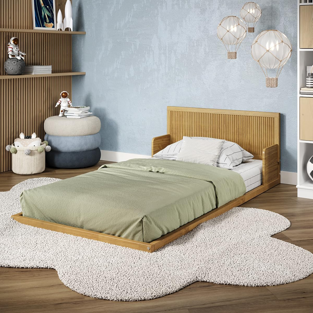 Natural Oak Twin Pine Wood Floor Bed with Headboard
