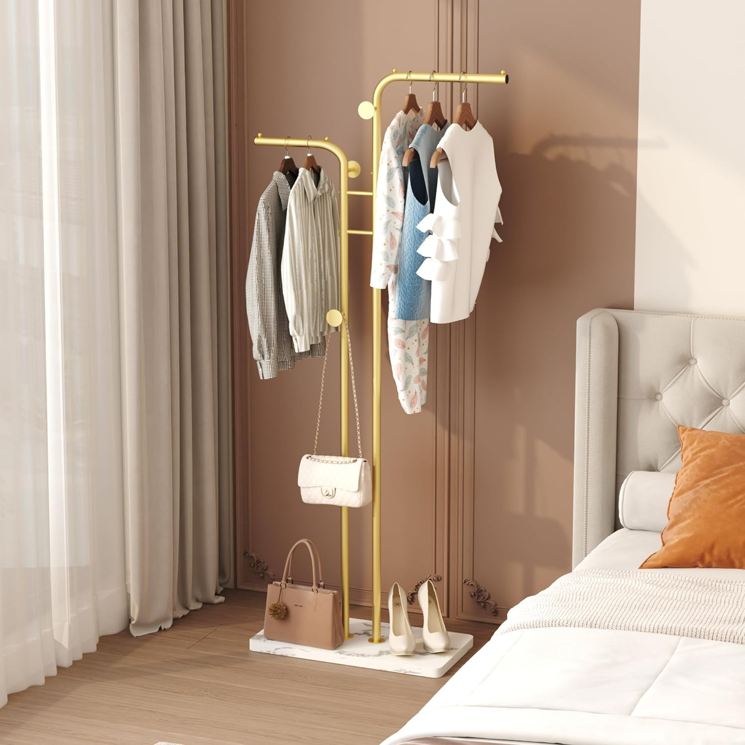 Gold Freestanding Metal Coat Rack with Marble Base and 5 Hooks