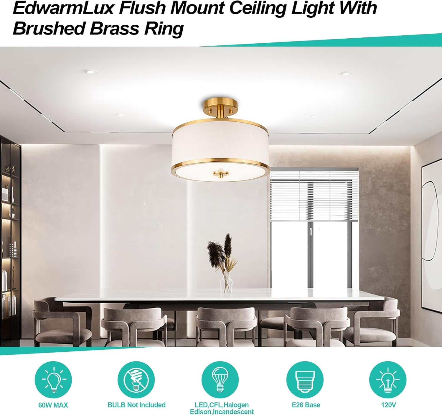 3-Light Semi Flush Mount Ceiling Light Fixture, 12.6" Gold Drum Light with White Fabric Shade, Modern Close to Ceiling Light for Living Room Bedroom Dining Room Kitchen Hallway Entry Foyer