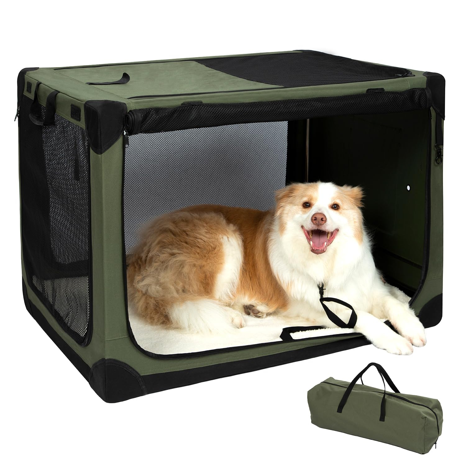 Pettycare Portable Travel Dog Crate 4-Door Soft Sided 36 Inch Collapsible Dog Crate with Curtains Durable Mesh Foldable Pet Kennel Soft Crates for Large Dogs Indoor & Outdoor Olive Green