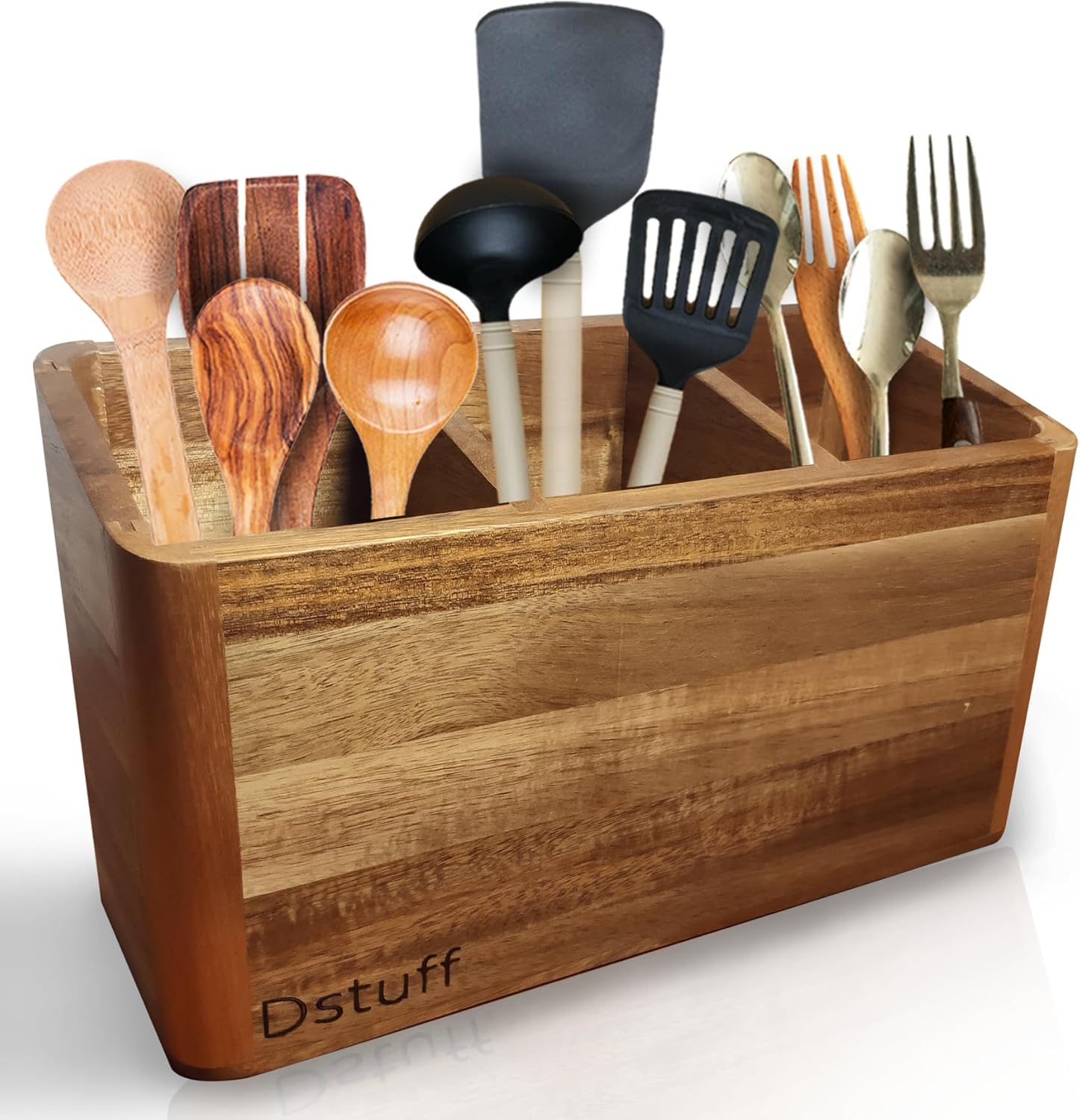 Large Kitchen Utensil Holder Organizer for Counter or Countertop, Large Wooden Utensil Holder for Storage Cooking and Silverware with 3 Compartment, Acacia Rustic Wood Container Extra Large