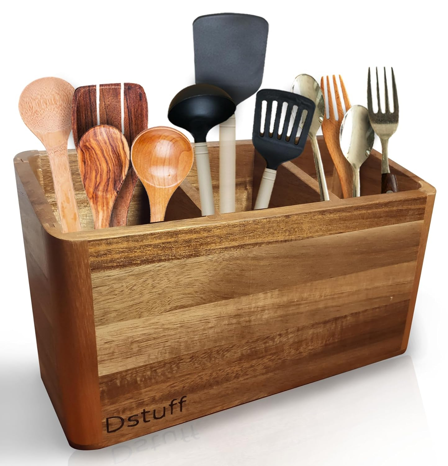Large Kitchen Utensil Holder Organizer for Counter or Countertop, Large Wooden Utensil Holder for Storage Cooking and Silverware with 3 Compartment, Acacia Rustic Wood Container Extra Large