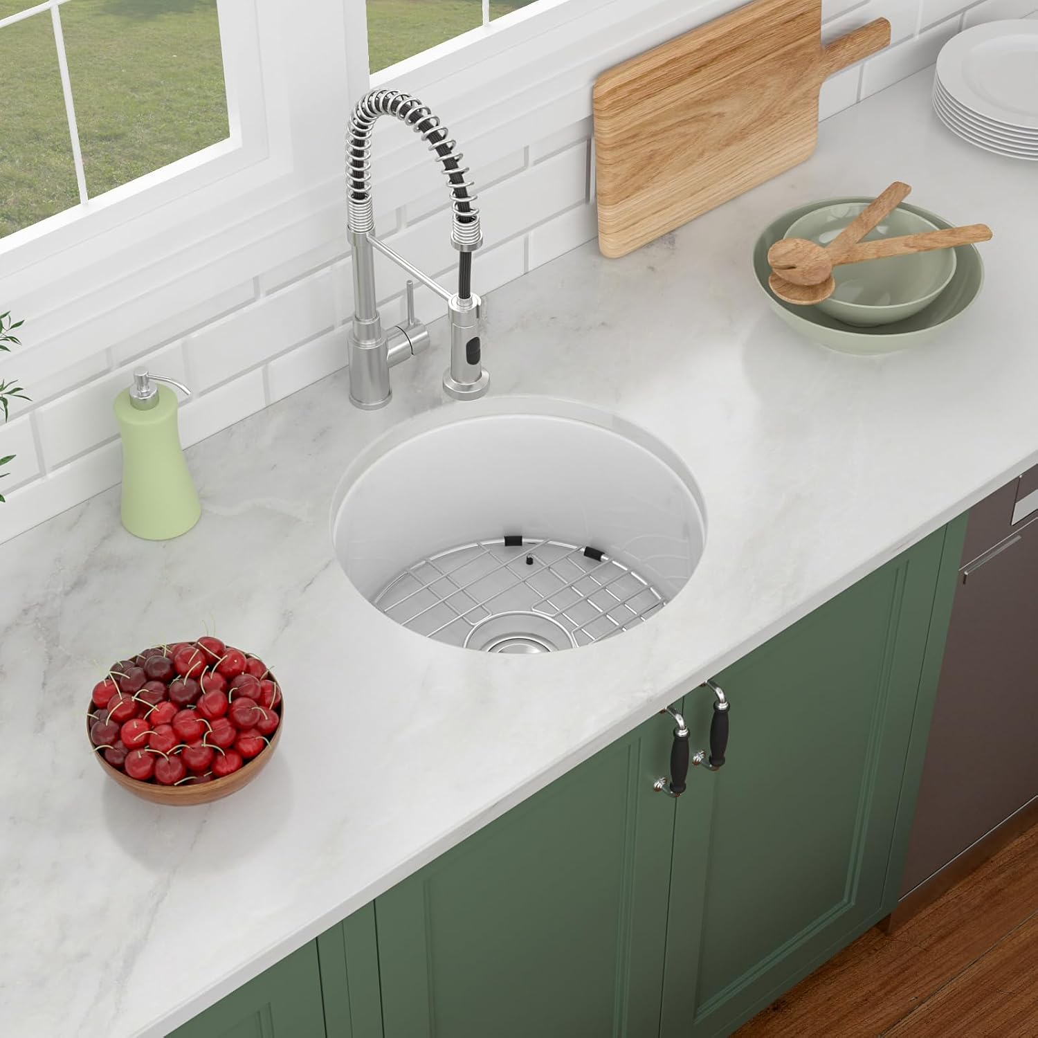 White Undermount Kitchen Sink 18"x18" Round White Undermount Sink Round Ceramic Fireclay Single Bowl Deep Bar Sink with Sink Grid and Basket Strainer.LOF-LWFS1818