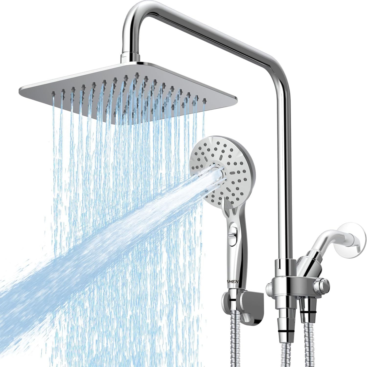 8" Dual Shower Head Combo, Rainfall Shower Head with Handheld, 6 Spray Settings Angle Adjustable Handheld Shower Head with Pause, Height Adjustable, Matte Black