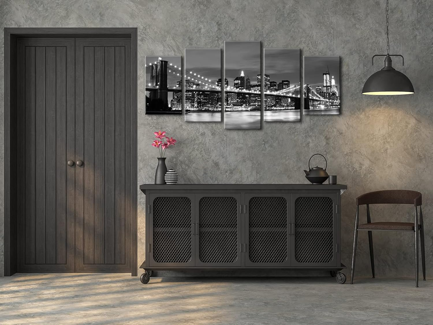 Wieco Art New York Brooklyn Bridge Canvas Wall Art Night View 5 Panels Modern Landscape Artwork Canvas Prints Abstract Pictures to Photo Canvas Wall Decor for Home & Office Decorations