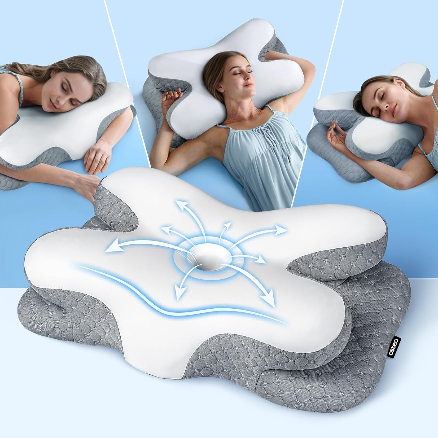 Osteo Enjoy Pain Relief Sleeping Cervical Neck Pillow, Ergonomic Contour Zoned Fits Side Sleeper, Non-Temperature Affected Memory Foam Pillows, Q-max Cooling Pillow Support Back Stomach Sleepers