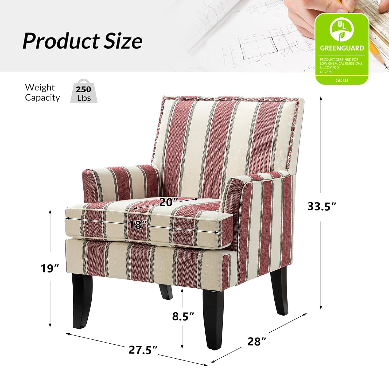 Red and White Striped Wooden Leg Accent Chair