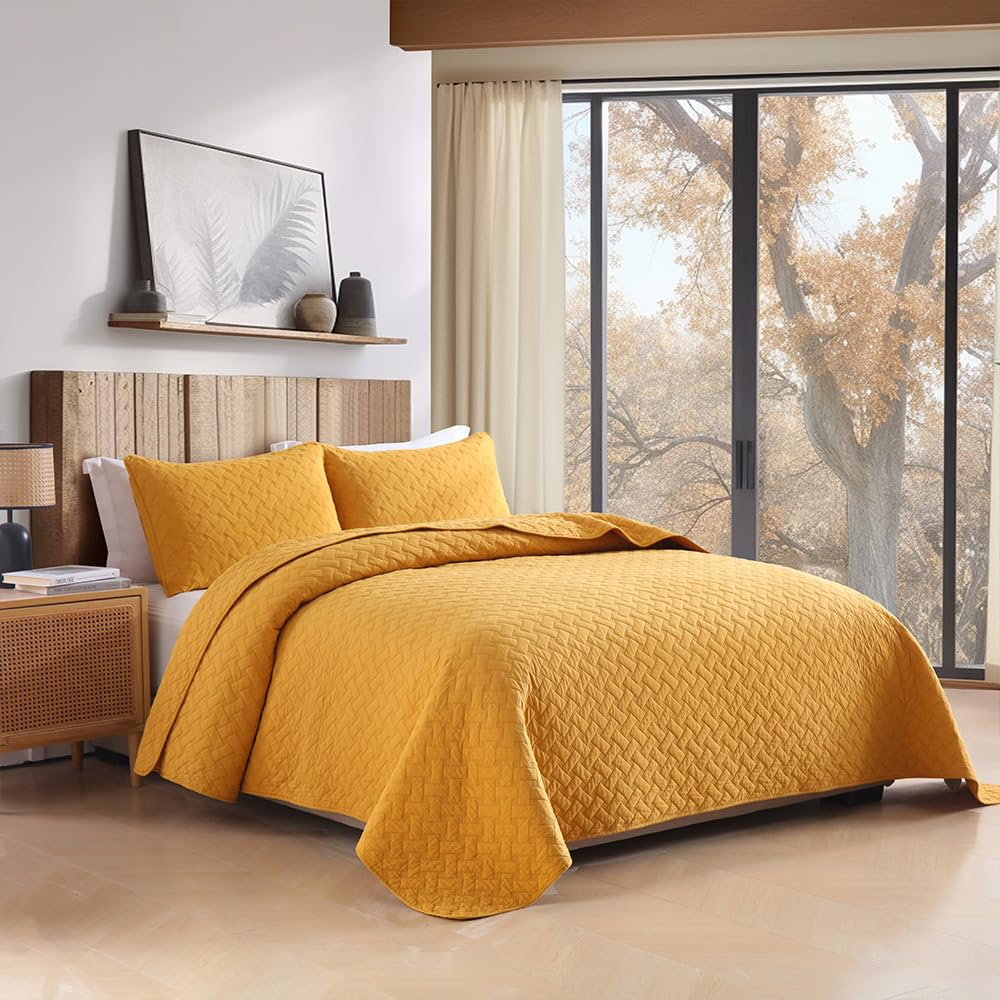 Cotton Quilt Bedding Sets Queen Size, 3 Pieces Reversible Lightweight Coverlets Comforters Bedspreads for All Seasons,Weave Stitching Pattern,Yellow