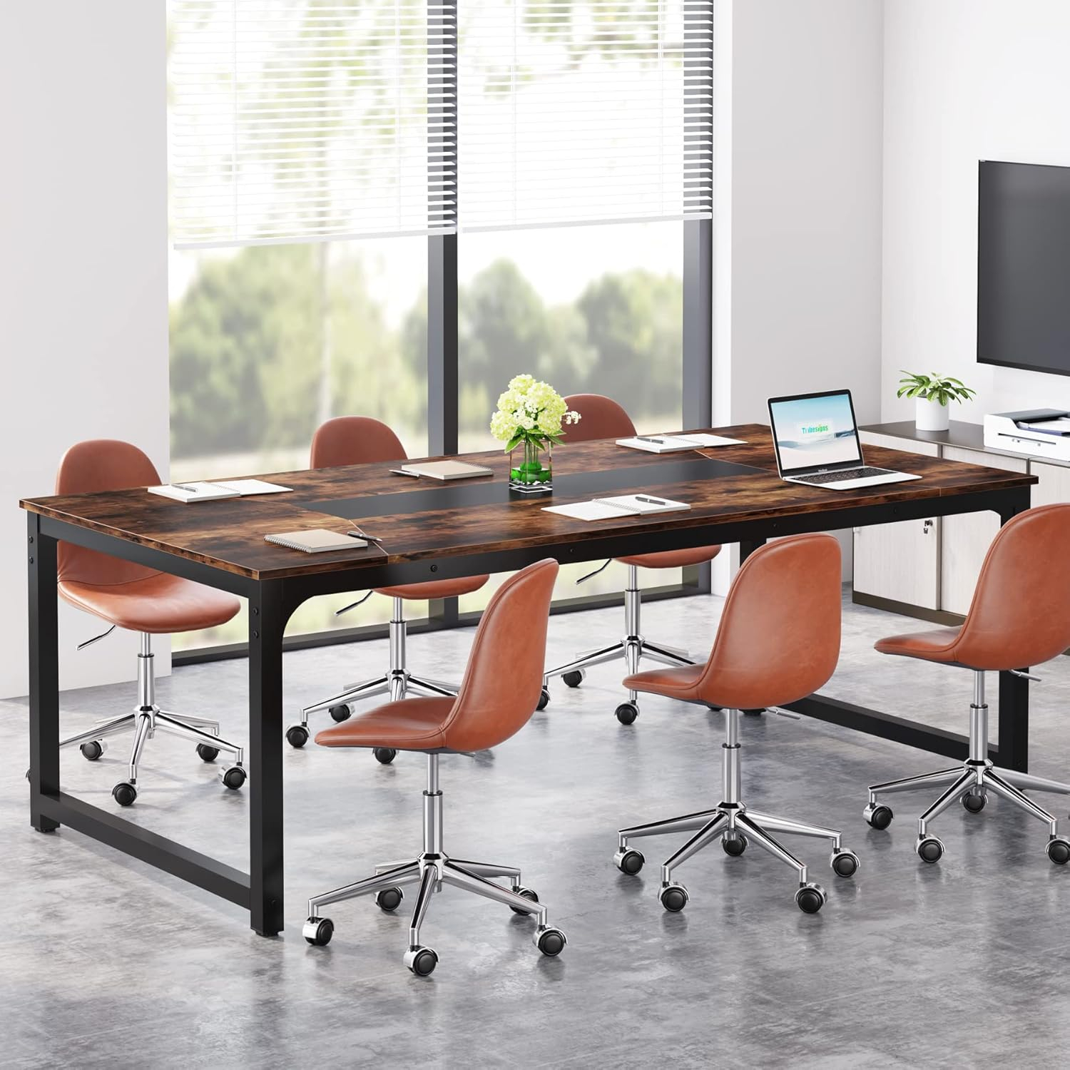 Rustic Brown and Black MDF Conference Table with Metal Frame, 78.7"