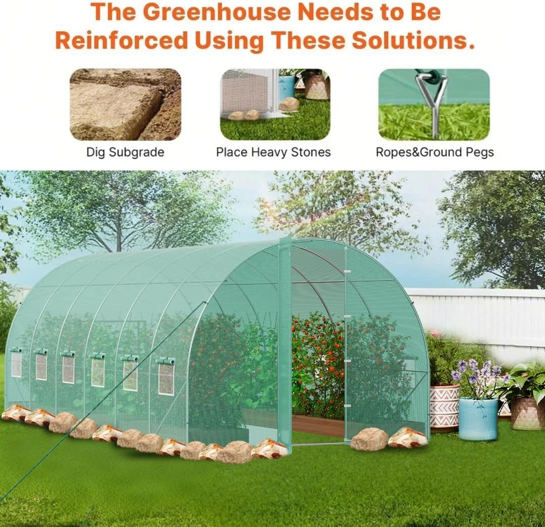 VEVOR Walk-in Tunnel Greenhouse, 27.4x9.5x7.4 ft Hoop House Greenhouse Tunnel, Plant Hot House with Galvanized Steel Frame, Green PE Cover, Swing Door and 16 Roll-up Windows for Outdoor