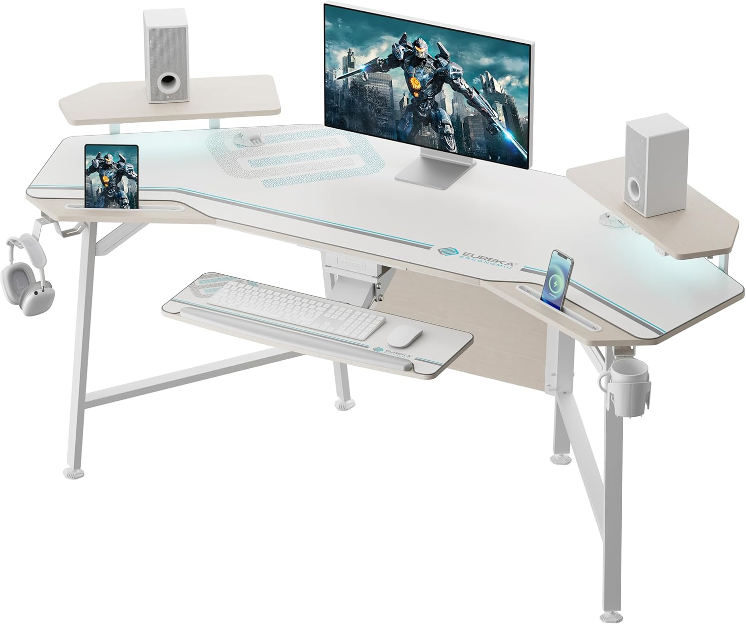 EUREKA ERGONOMIC 72" Computer Desk W Keyboard Tray, Wing-Shaped Music Studio Desk, Large Gaming Desk W LED Convertible Monitor Stand Dual Headphone Hanger for Recording Live Streamer,Maple