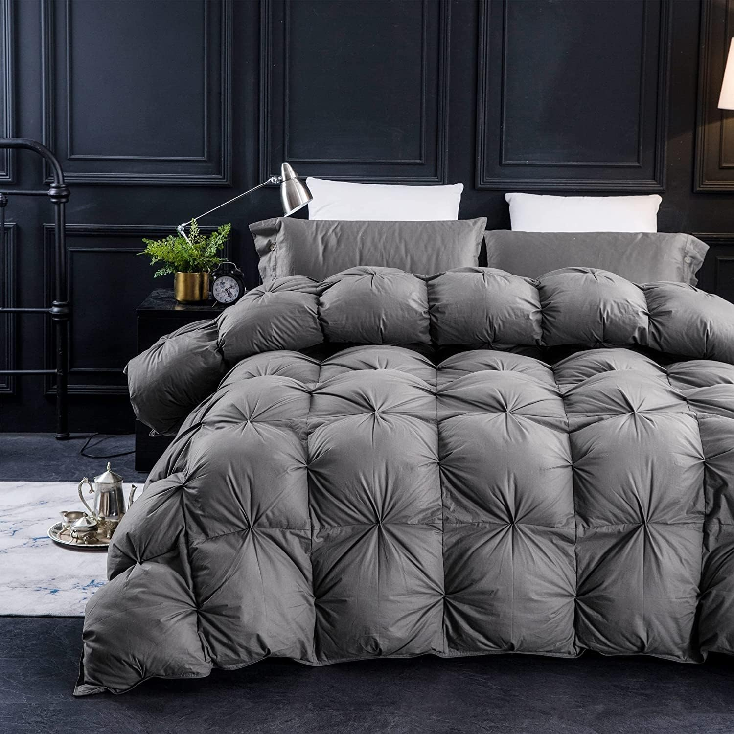 Three Geese Pinch Pleat Waterfowl Feathers and Down Comforter Queen Size Duvet Insert,750+ Fill Power,1200TC 100% Cotton, Premium All Seasons Pebble Grey Warm Hotel Comforter with 8 Tabs.
