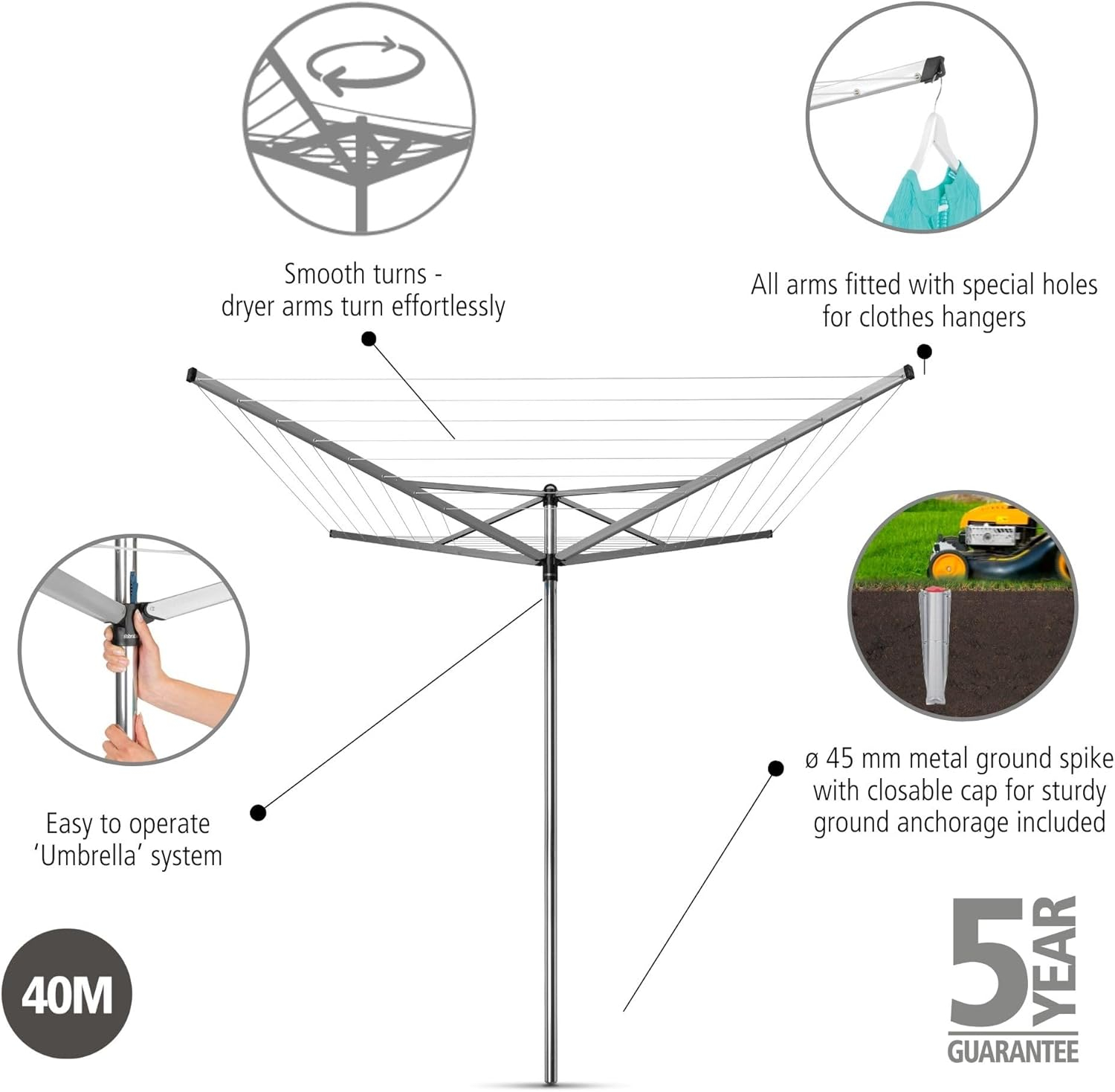 Brabantia Topspinner Outdoor 4 Arm Spinning Clothesline (131 ft/Ø 1.8") Rotating, Folding Clothes Drying Rack + Ground Spike (Gray)