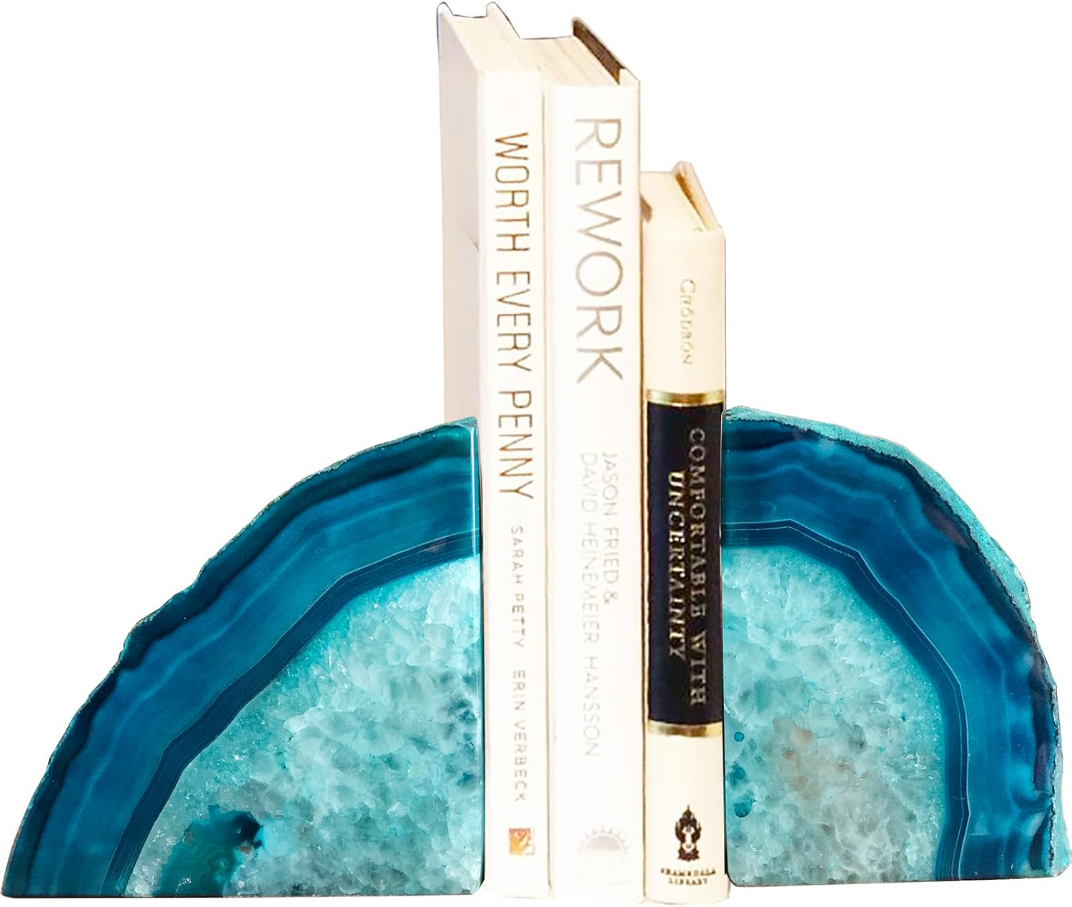 AMOYSTONE Agate Geode Bookends Heavy Duty Stone Book Ends Decorative Bookend Holder Home Office Decor with Rubber Bumpers Teal 1 Pair, 2-3 LBS