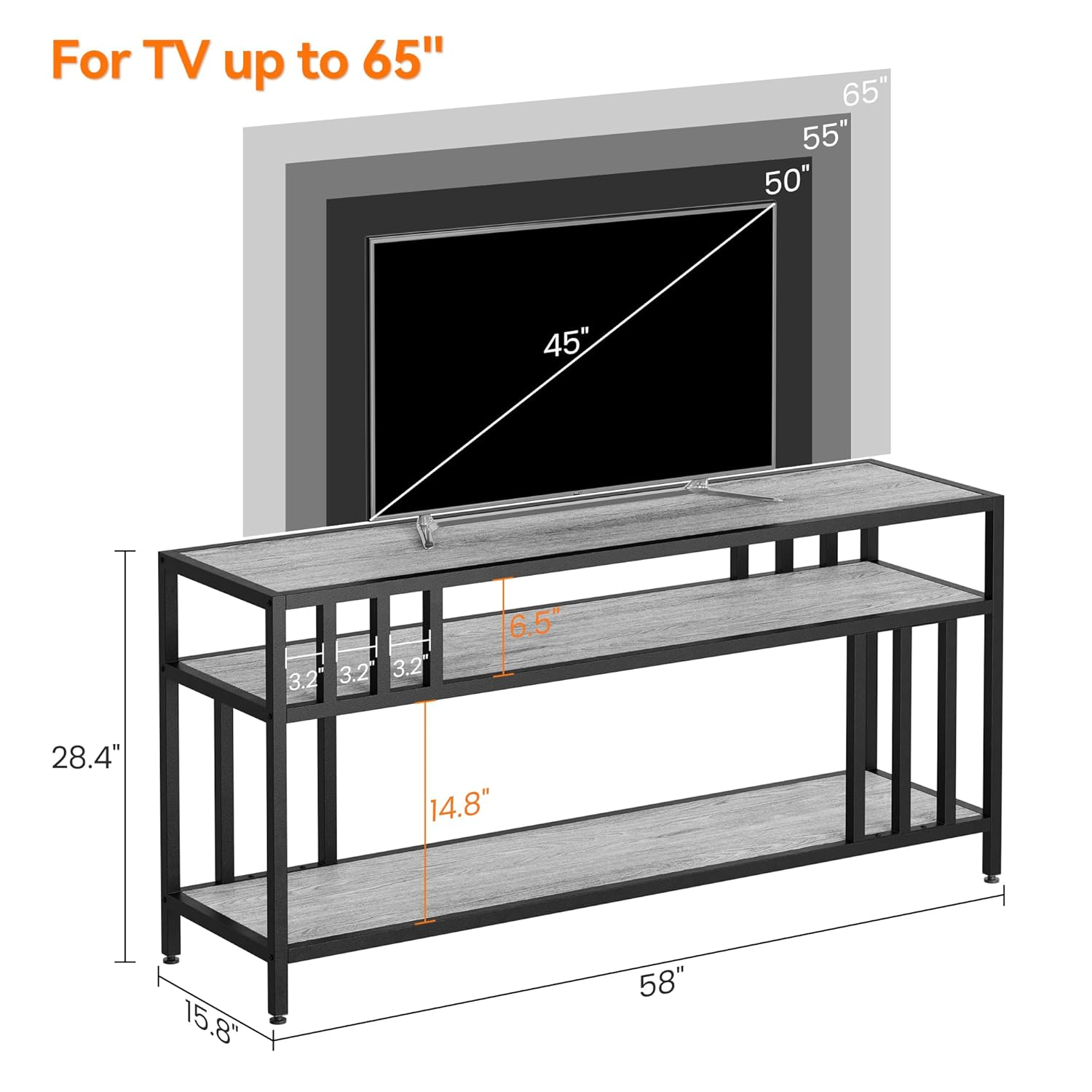 GarveeHome 58'' TV Stand for TV up to 65 Inches, Entertainment Center with Open Storage Shelves, TV Media Console Table with Quadruple-Tube Support for Living Room, Bedroom - 58" Grey
