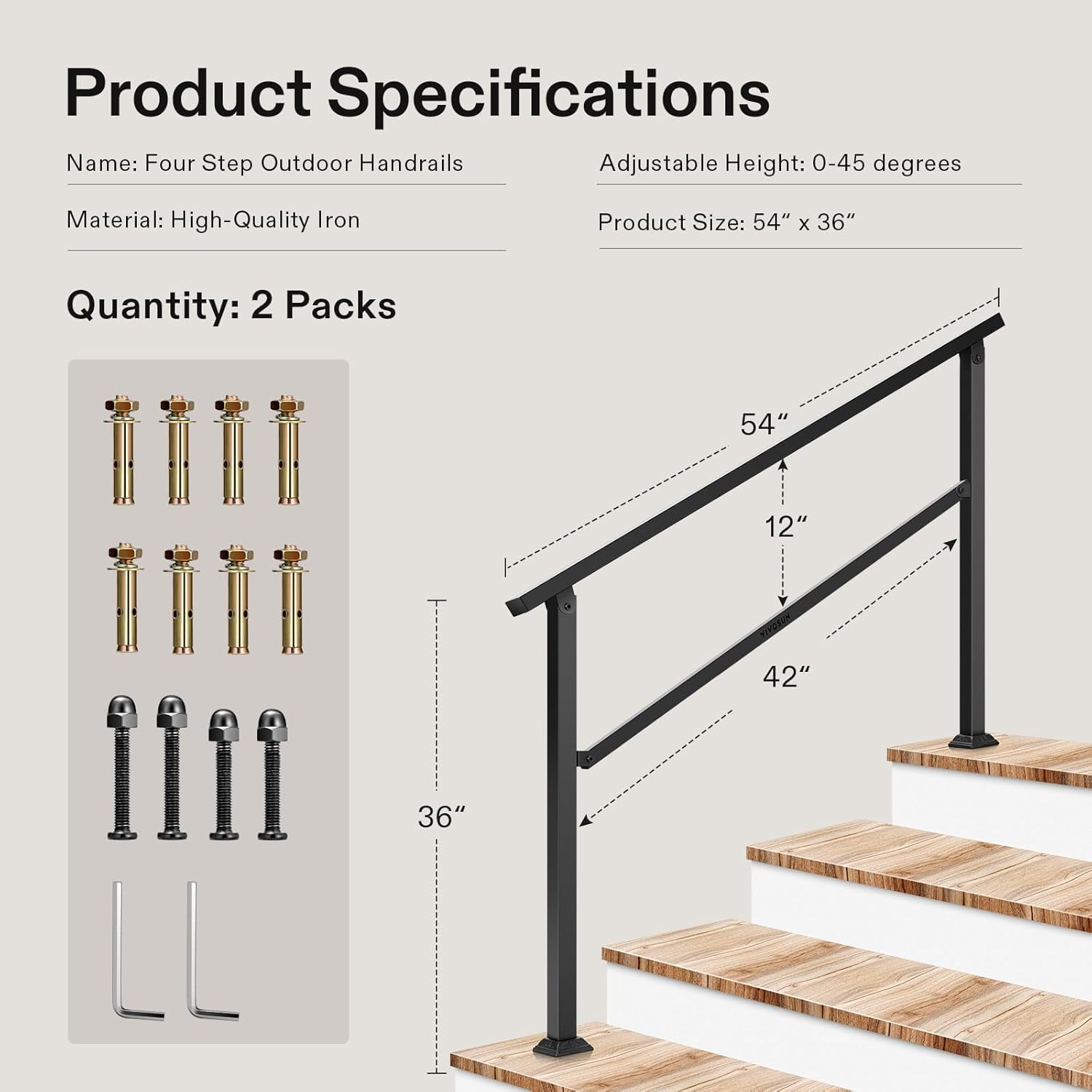 2-Pack 36 in. H x 54 in. W Black Outdoor Wrought Mattle Iron Stair Railing Kit