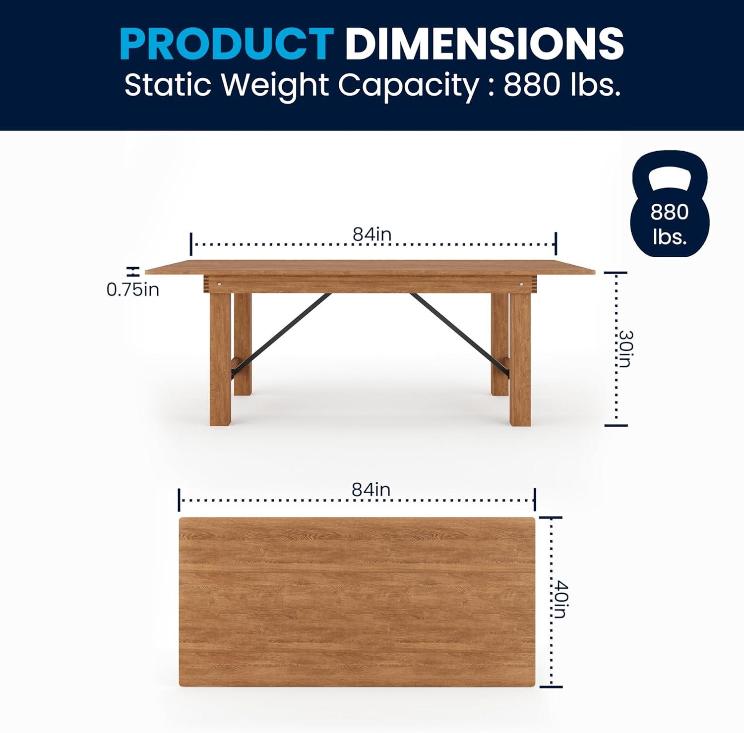Flash Furniture Hercules Series 7' x 40" Rectangular Rustic Solid Pine Folding Dining Table