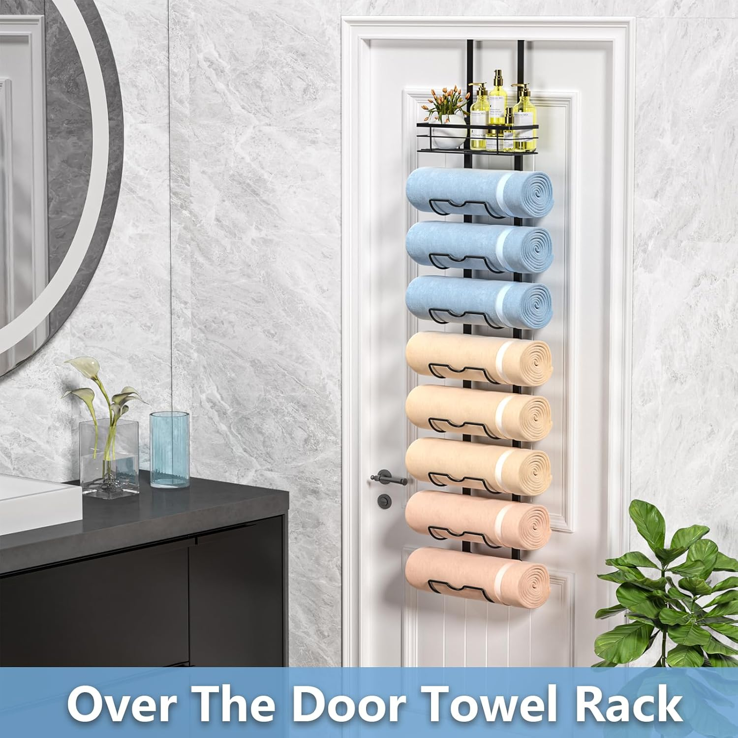 9-Tier Over The Door Towel Rack,Towel Racks for Bathroom, Metal Towel Holder with Storage Basket,Towel Storage for Small Bathroom,Towel Rack for Rolled Towels,Black