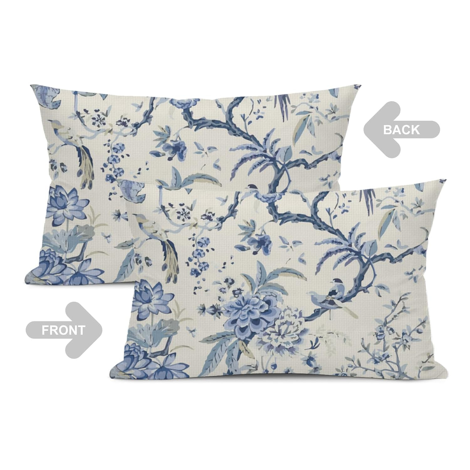 Chinoiserie Lumbar Pillow Covers 12 x 20 Set of 2 Birds Floral Linen Throw Pillow Cover Vintage White and Blue Farmhouse Decorative Pillowcases for Living Room Couch Bed Sofa Outdoor
