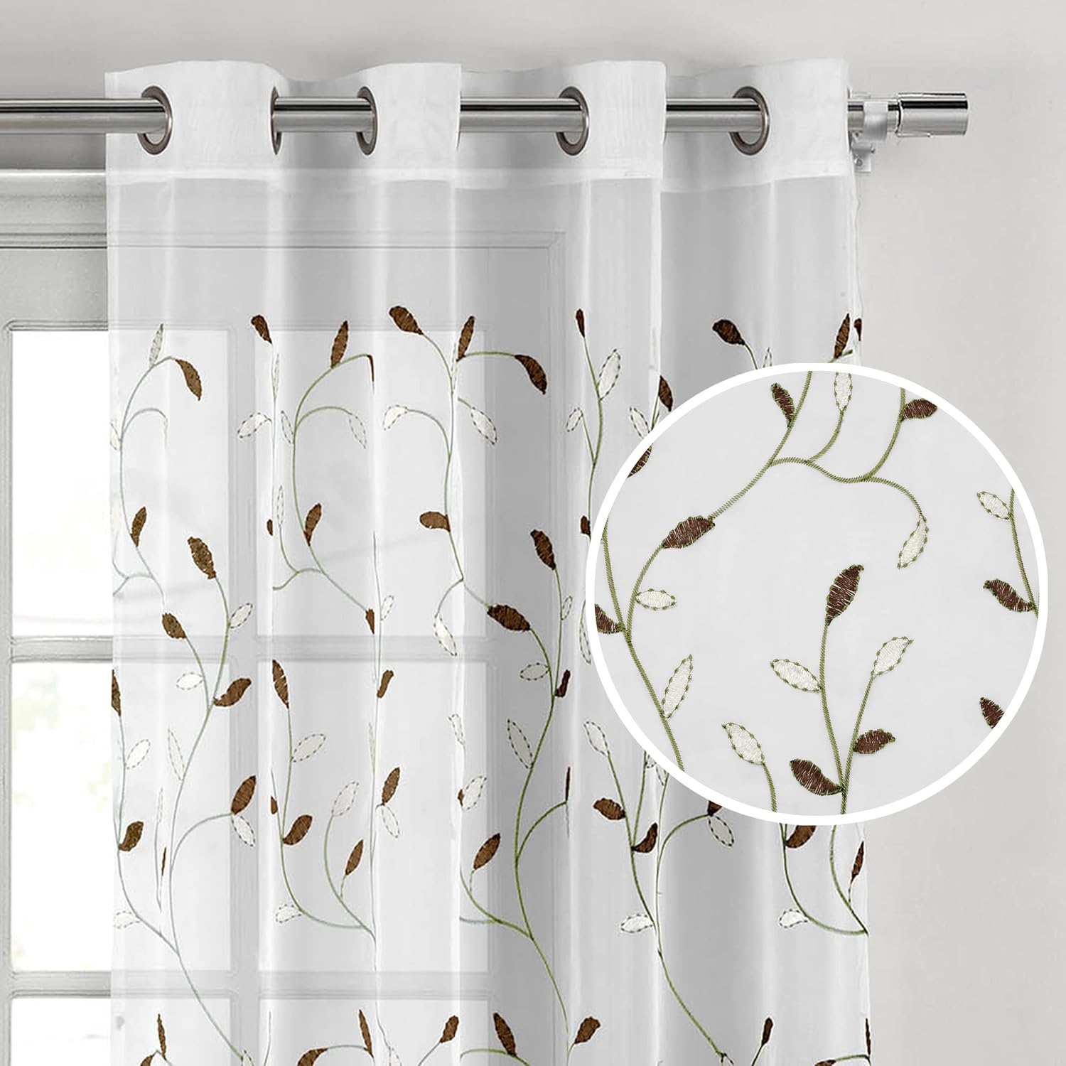 Grommet Curtain Panel, Embroidered Sheer Extra-Wide, Brown 54" x 84"