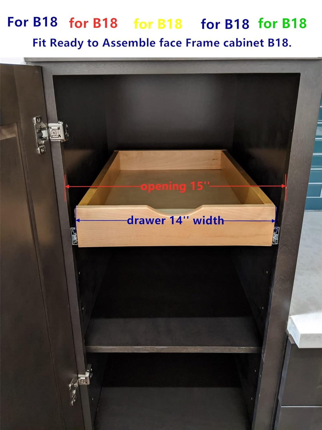 14'' Width Roll out Drawer Roll Out Tray Wood Pull Out Tray Kitchen Cabinet Organizer, Pull-Out Shelf, Include Side Mount Sliders Rear Brackets Wood Sapcer (Fits For RTA Cabinet B18 and Pantry 18)