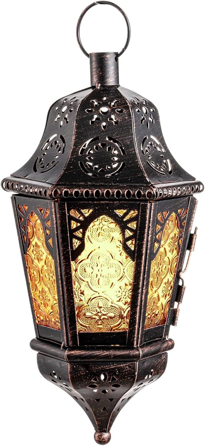 DECORKEY Moroccan Lantern Decorative Indoor & Outdoor, 13.6’’ Vintage Decorative Hanging Lanterns with Chian for Home Porch Patio Decor, Metal Ramadan Christmas Candle Holder Decorations (Amber)