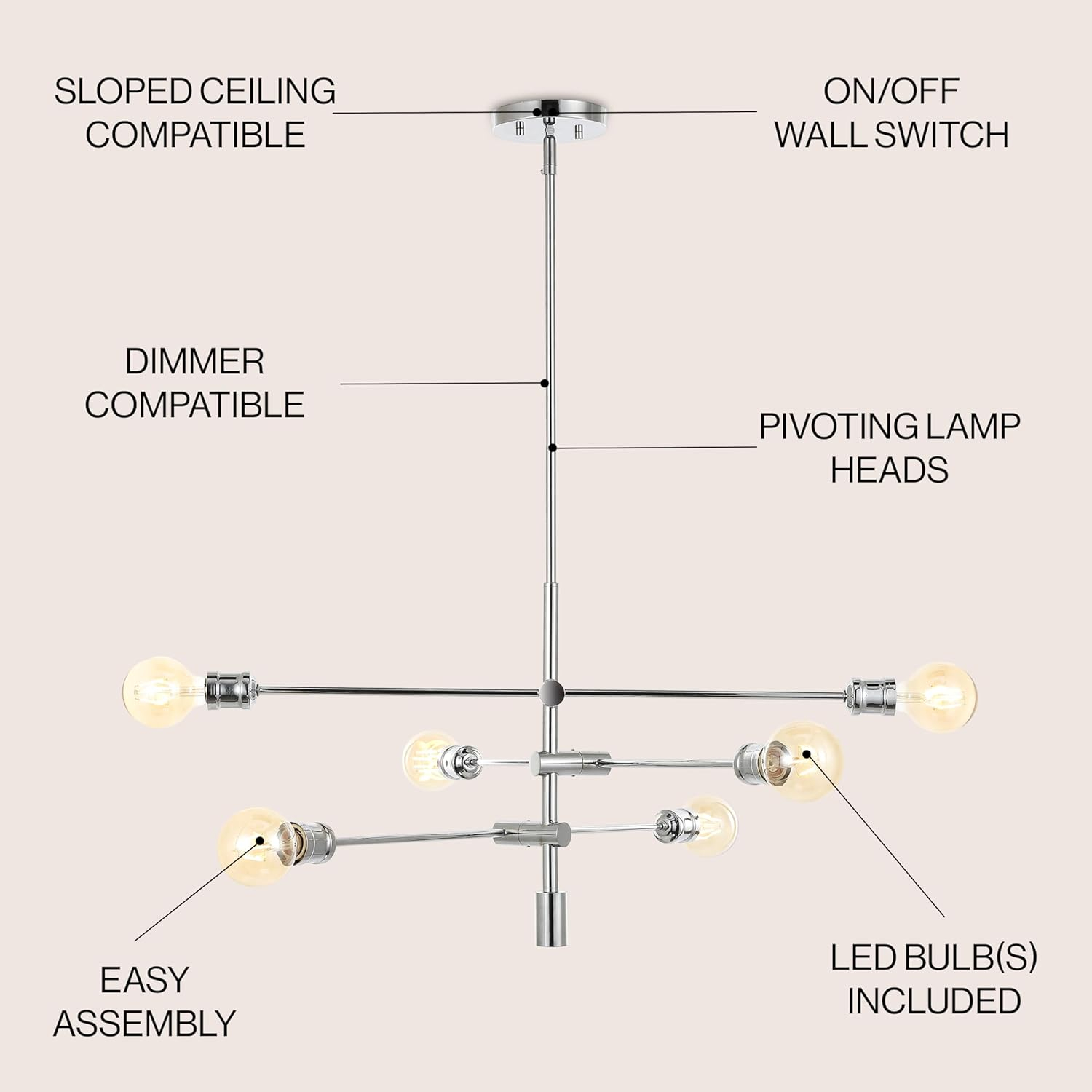 Atlas 36" 6-Light Modern Vintage Iron Arm-Adjustable LED Chandelier, Chrome