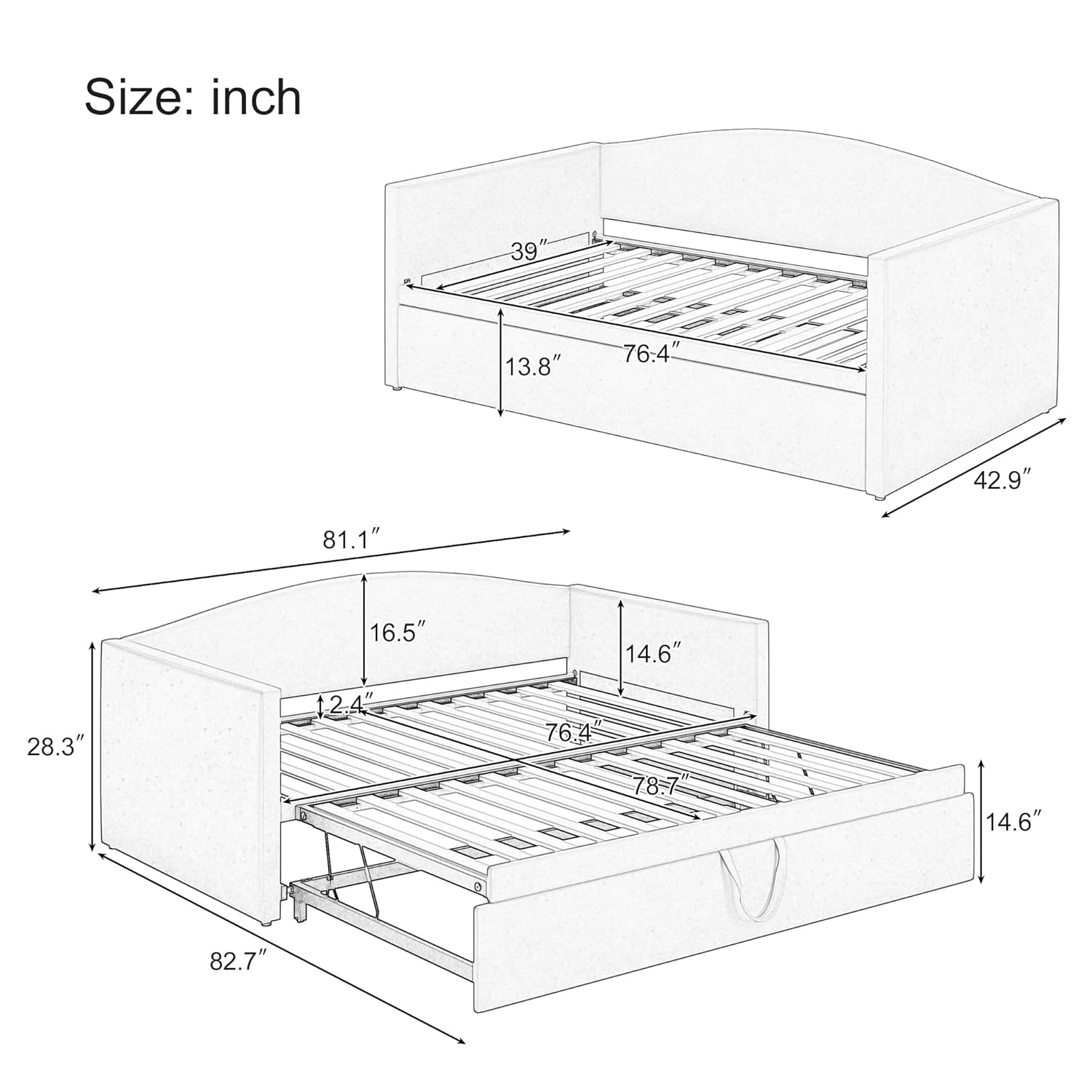 Upholstered Daybed with Extended Pop Up Trundle, Twin to King Size Velvet Sofa Bed Daybed with Soft Padded Armrests for Bedroom Guest Room Living Room (Gray-Pop)