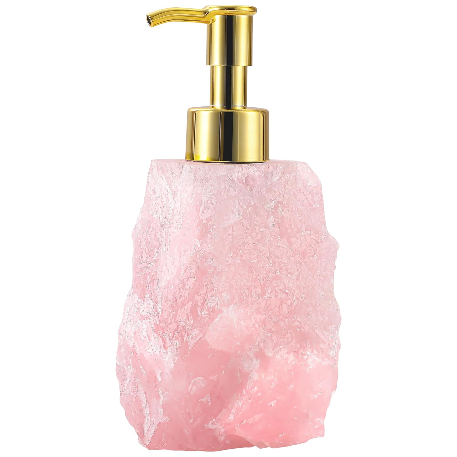Rose Quartz Crystal Dispenser - Glossy Gold Color Pump - Natural Stone Soap Dispenser for Bathroom