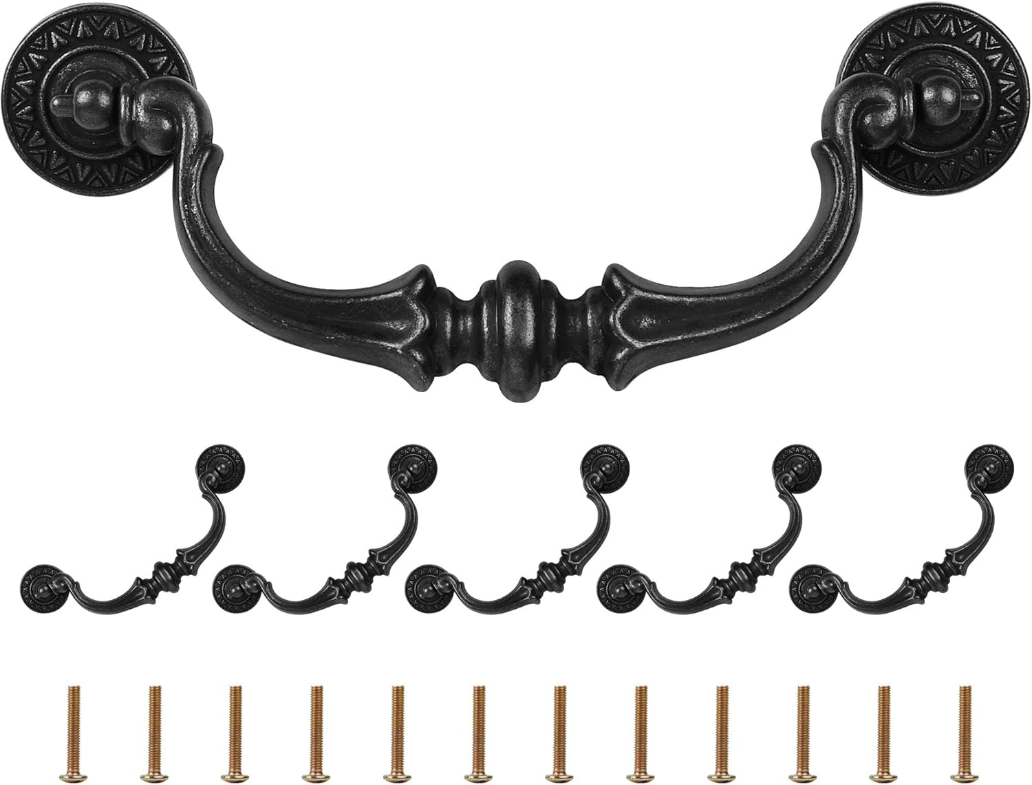 Supkiir 6 Pack Drawer Pulls Handles, 5.5" Hole Center Vintage Antique Black Kitchen Cabinet Knobs Drop Bail Pulls Handles 6.7" Total Length