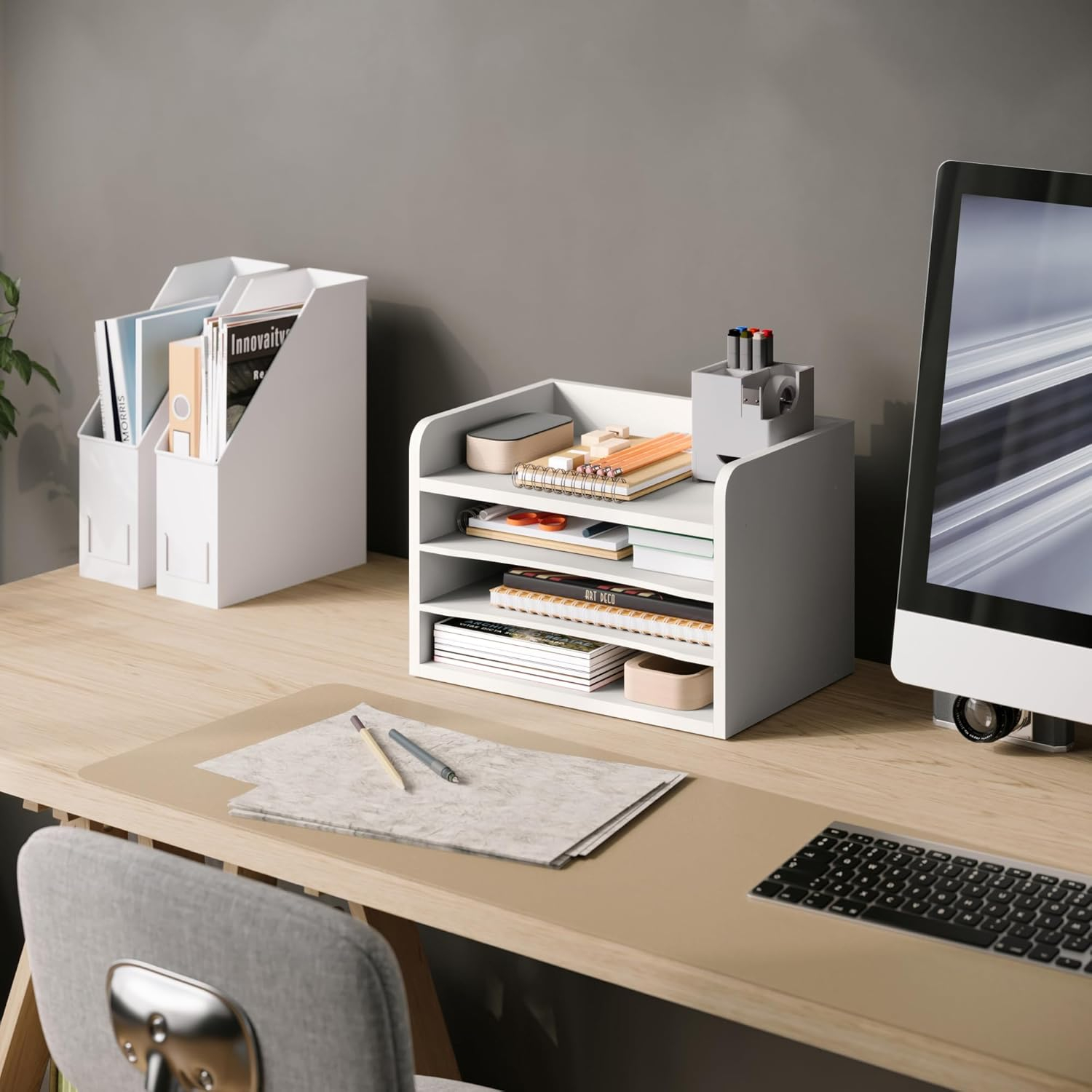 Ballucci 4-Tier Adjustable Desk Organizer Paper Sorter, Office Document Letter Tray, White