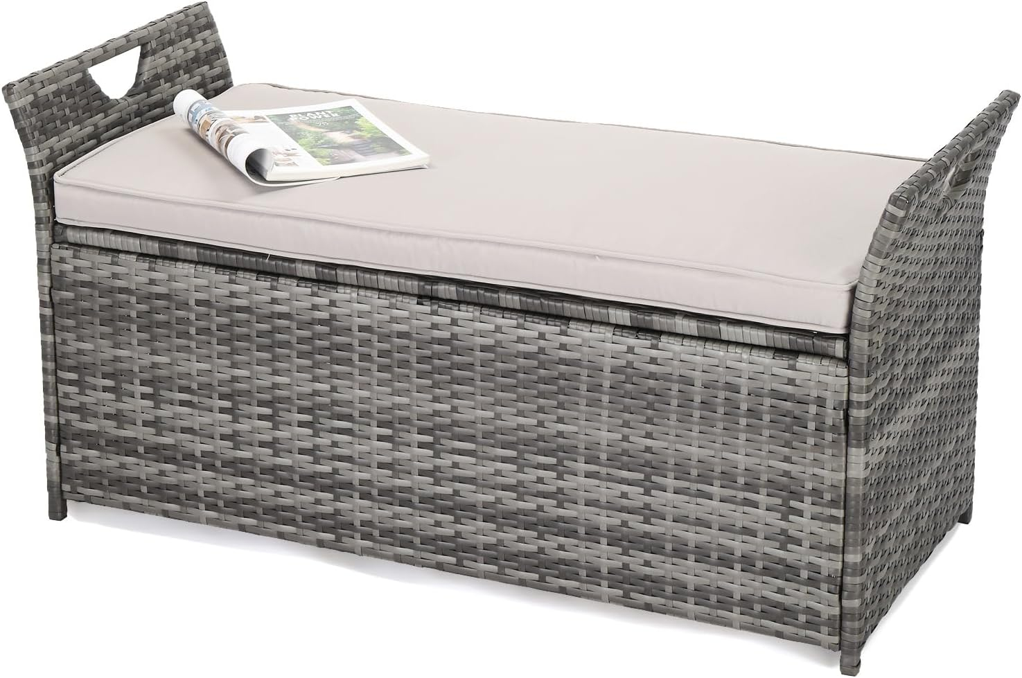 Gray Wicker Outdoor Storage Bench with Cushion