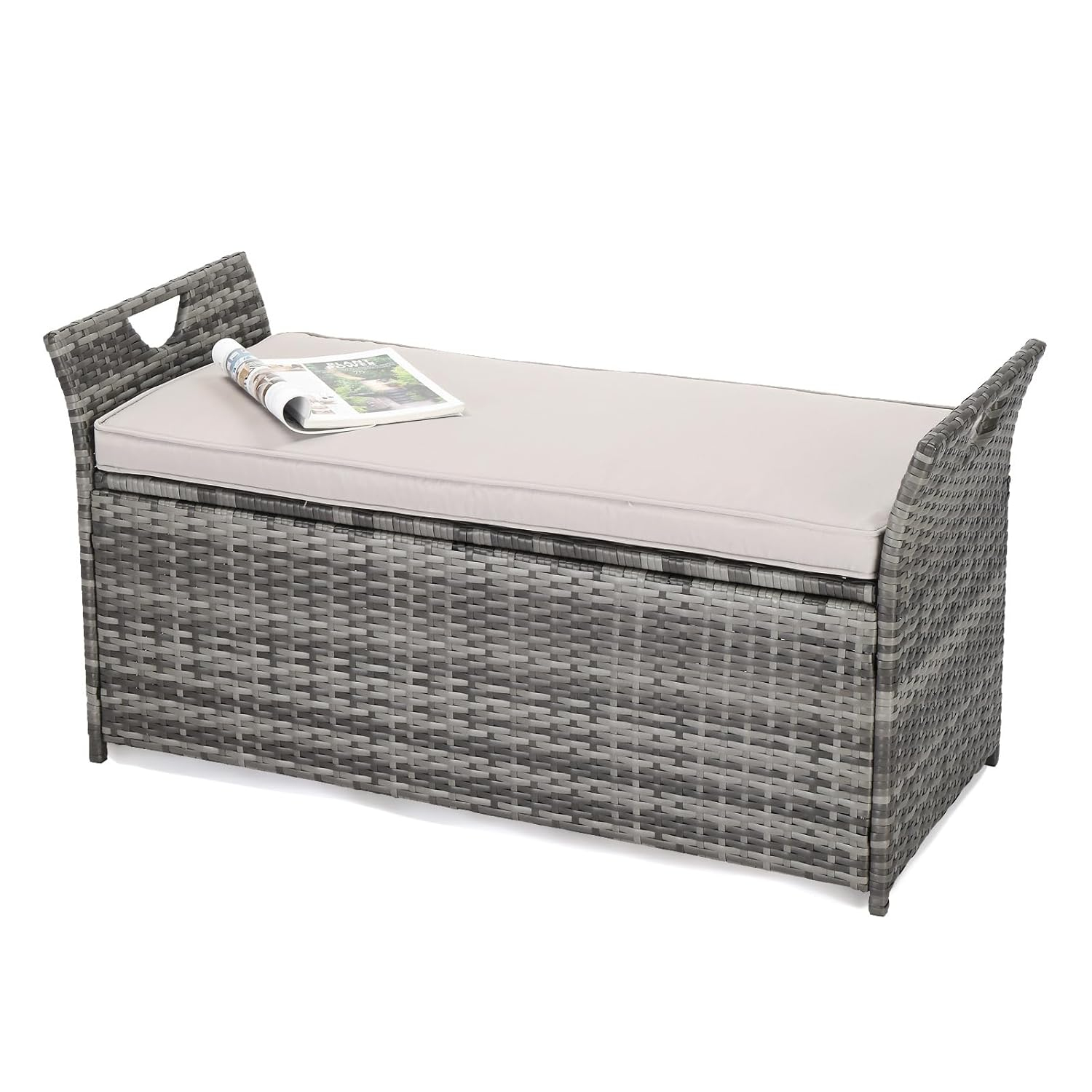 Gray Wicker Outdoor Storage Bench with Cushion