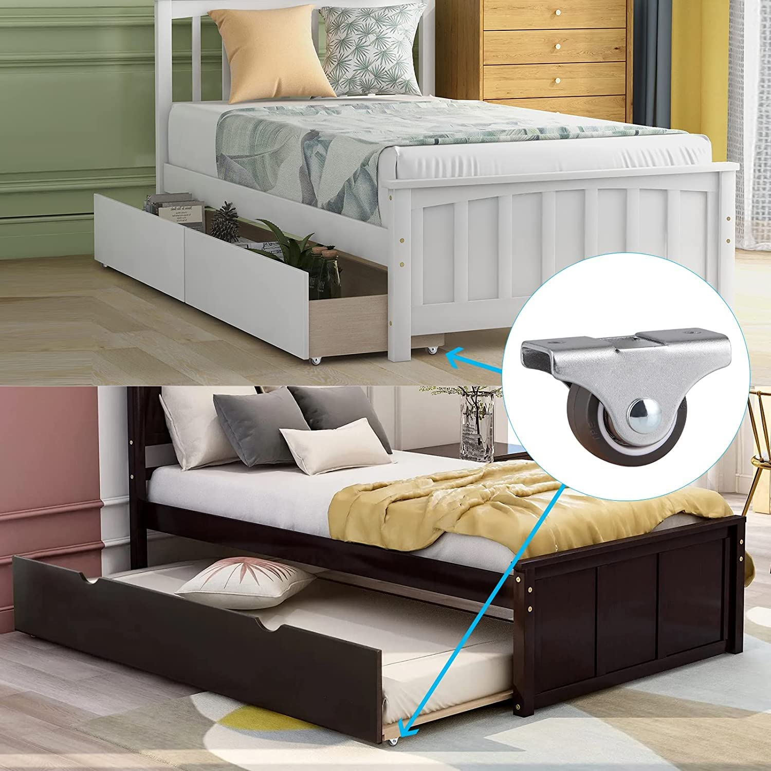 Mini Fixed Caster Wheels 1 inch Silent Ball Bearing Small Casters Wheels, Metal Top TPE Rubber Low Profile Caster Wheels for Furniture Rolling Cabinet Trundle Bed Drawer with Screws 4 Pack