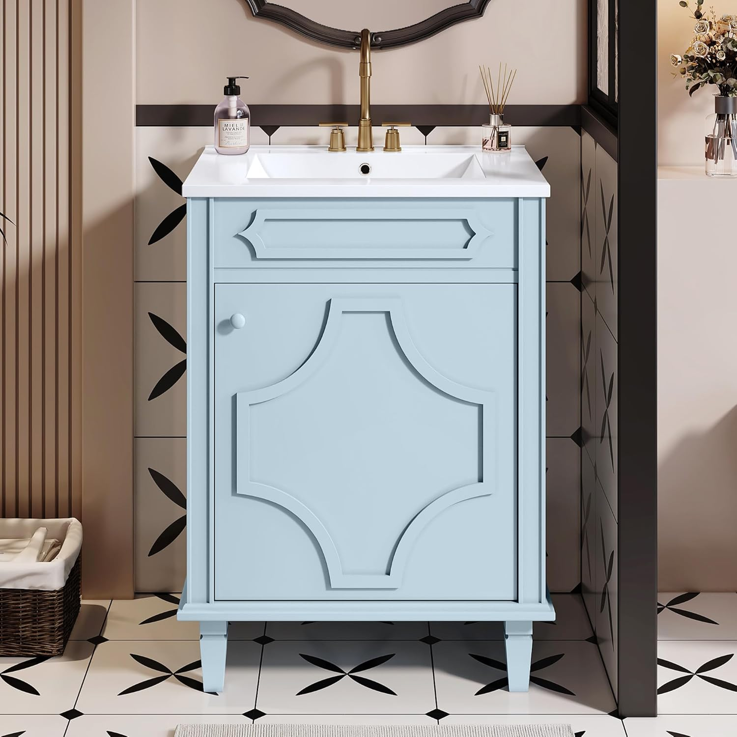 30 Inch Bathroom Vanity with Ceramic Sink, Modern Bathroom Storage Cabinet with Swirled Design, Vanities with 2 Drawers for Modern Minimalist Powder Room
