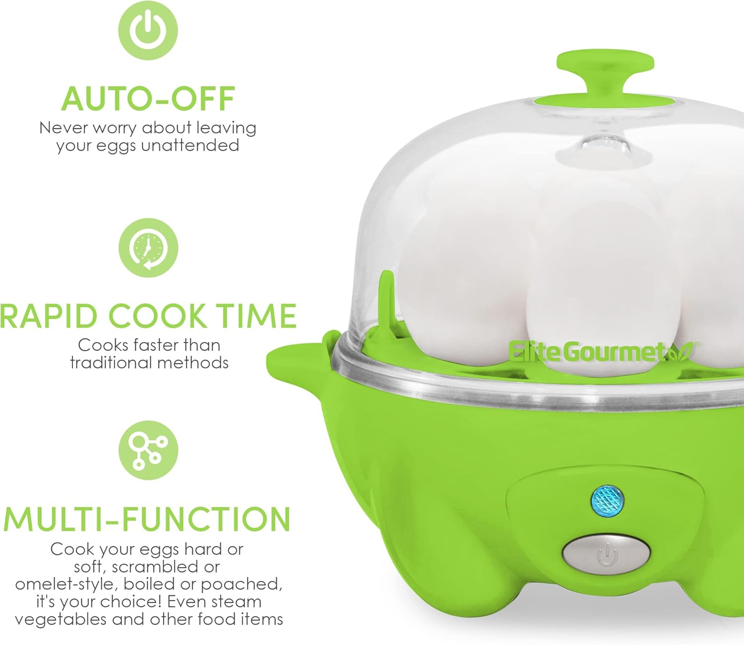 Elite Cuisine EGC-007G Automatic Easy 7-Egg Cooker, Green
